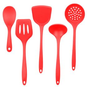 Silica gel spatula High temperature resistant silica gel kitchenware set Special silica gel spatula spoon for household frying pan (Number of kits: Leaky spoon, size: red)